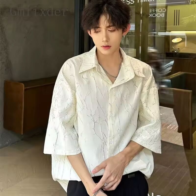 Elegant British Blouse Men's High-end Short-sleeved Shirts Men's Korean High Street 2024 Summer Wear Tops Aesthetic Men Clothing