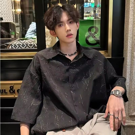 Elegant British Blouse Men's High-end Short-sleeved Shirts Men's Korean High Street 2024 Summer Wear Tops Aesthetic Men Clothing